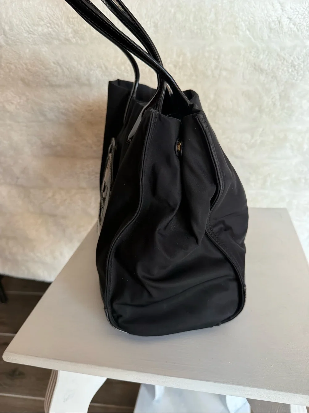 Tory Burch Black Nylon Tote with Glossy Patent Logo